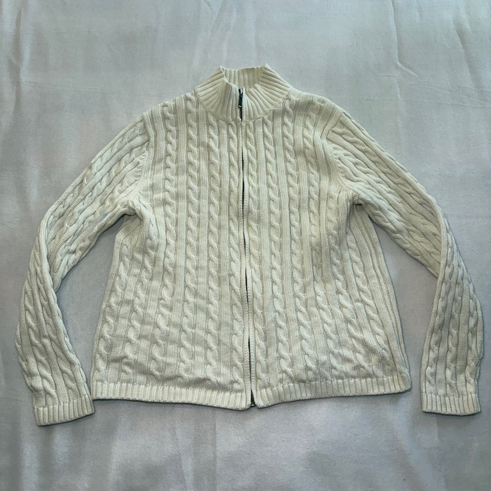 LL Bean Cream Cotton Cable Knit Sweater Full Zip Jacket Mock Neck Womens M Flaw